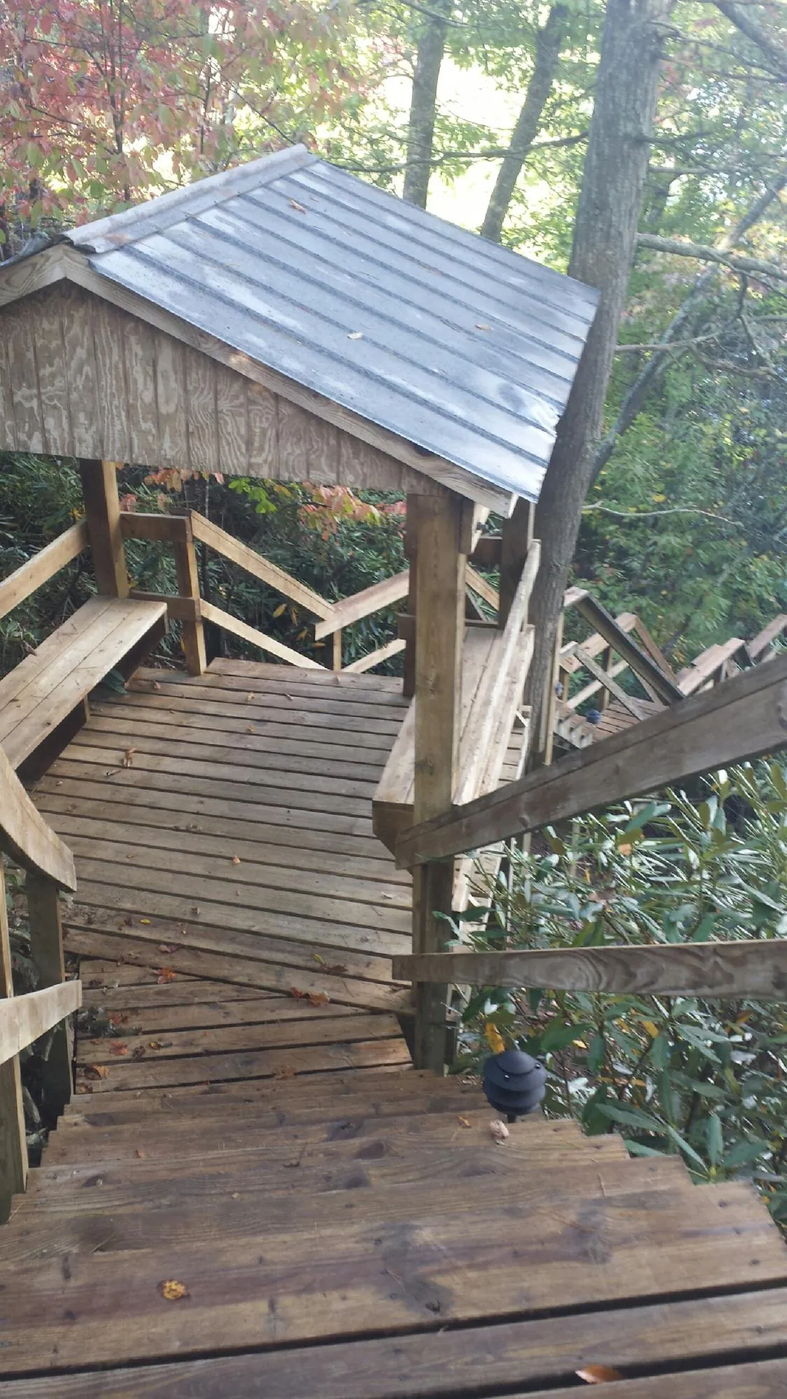 Metal roofed shelter over wooden steps on a wooded walkway — Skylight Repair & Installation work by our crew in Doyle